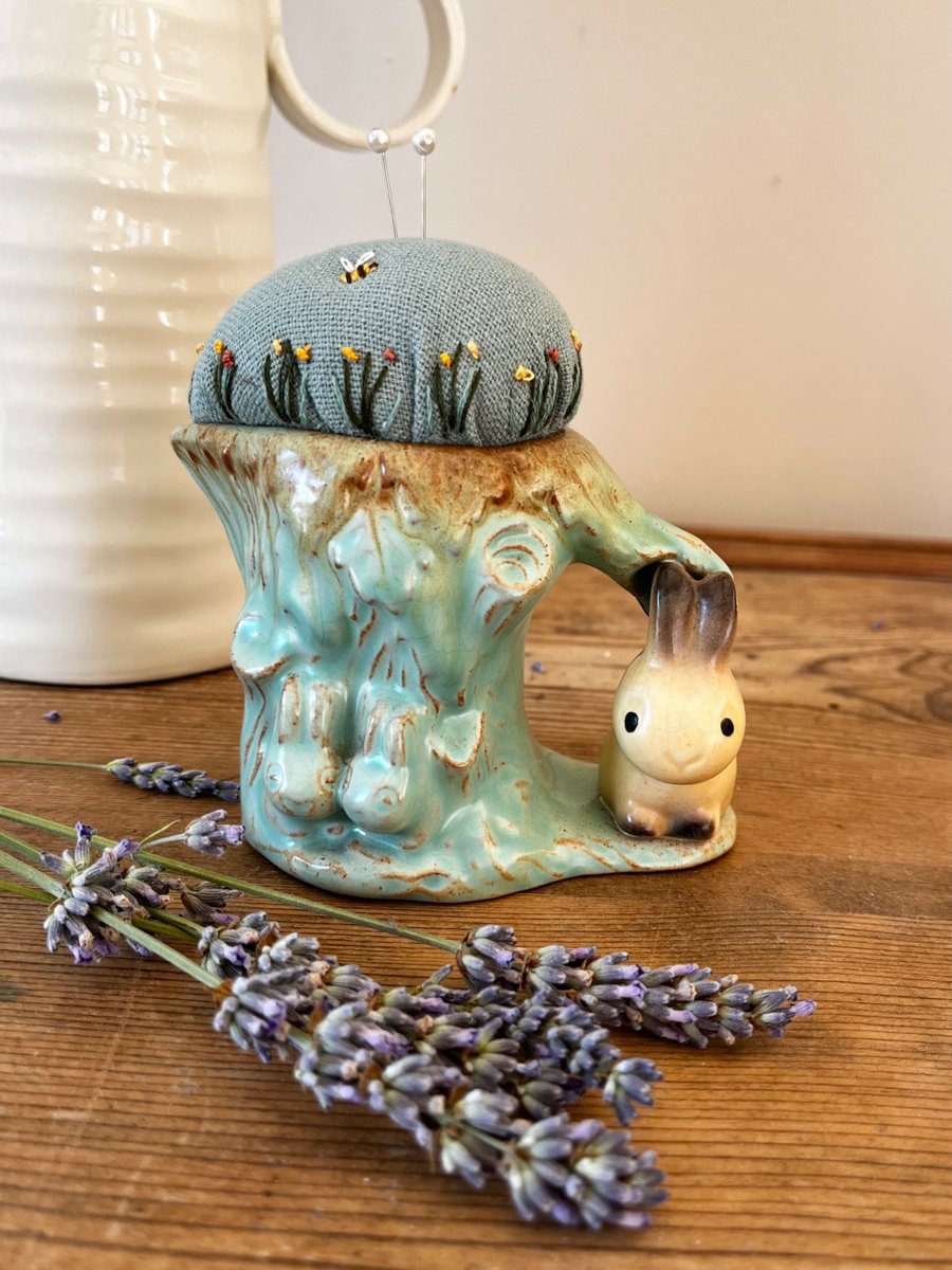Hornsea rabbit jug pincushion embroidered flowers and bee
