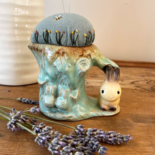 Hornsea rabbit jug pincushion embroidered flowers and bee