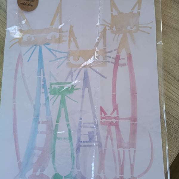 Watercolour painting A4 abstract cats
