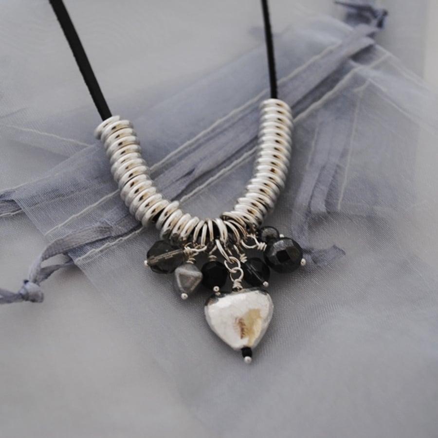 Black suede & silver heart charm necklace