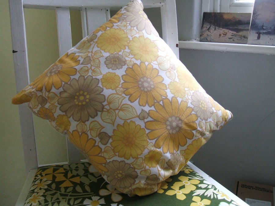 Vintage fabric cushion - retro yellow