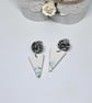 White Jesmonite Triangle Earrings with Green Glass Chips, Geometric Jewellery 