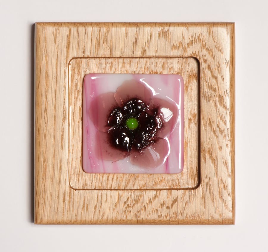 Pink Flower - Fused Glass Picture set in an Oak Block Frame