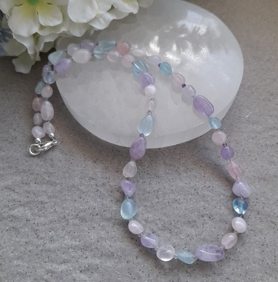 Aquamarine Rose Quartz Amethyst  Beaded Necklace 