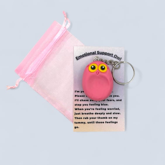 Bright Pink Emotional Support Owl Keychain Worry Stone Keepsake Gift