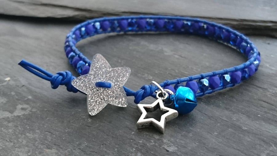 Cobalt blue leather and glass bead bracelet, glitter star button, bell, festive