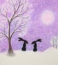 Hare Card, Christmas Art, Snow Bunny Rabbits Card, Animal Moon Friends Card - Image 2