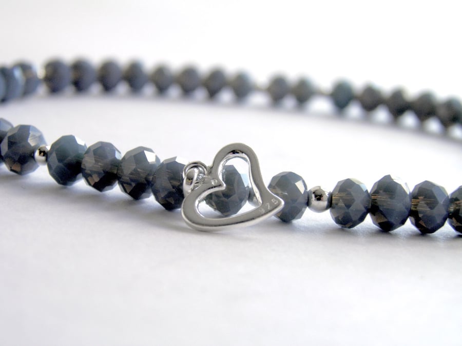 Silver Heart Ankle Bracelet with smokey Grey Beads