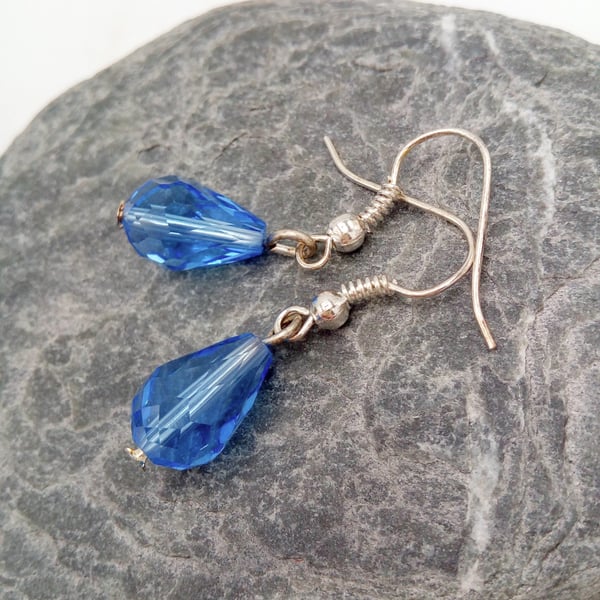 Blue or Clear Crystal Bead Earrings for Pierced Ears, Birthday Gift