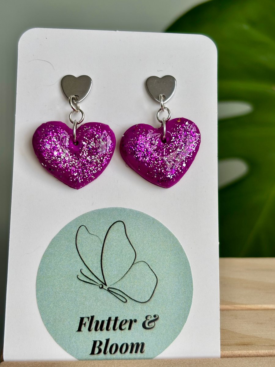 Pink Glitter Heart Dangle Earrings 