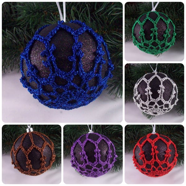 Christmas baubles boxed set of 6 large decorated with crochet lace (A47)