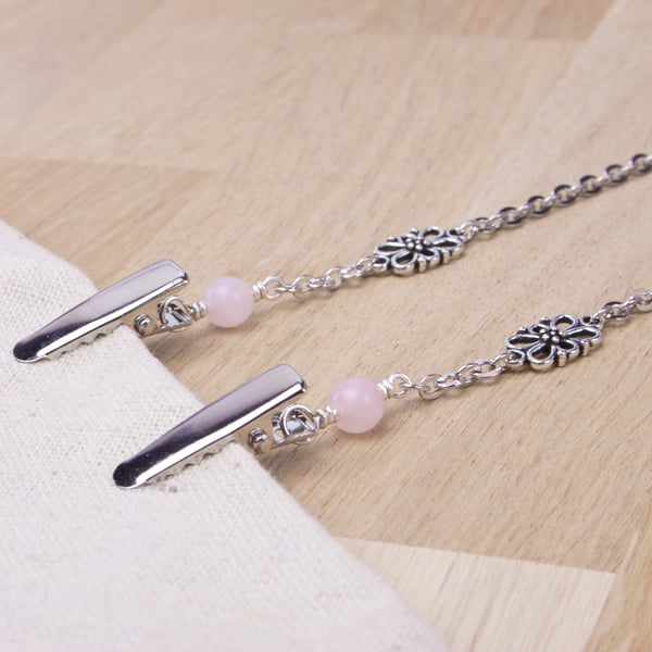 Napkin Clips - Rose quartz bead neck chain napkin holder - elegant senior gift