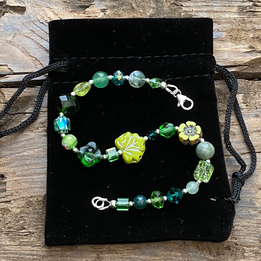 Green Mix Beads & Sterling Silver Bracelet 