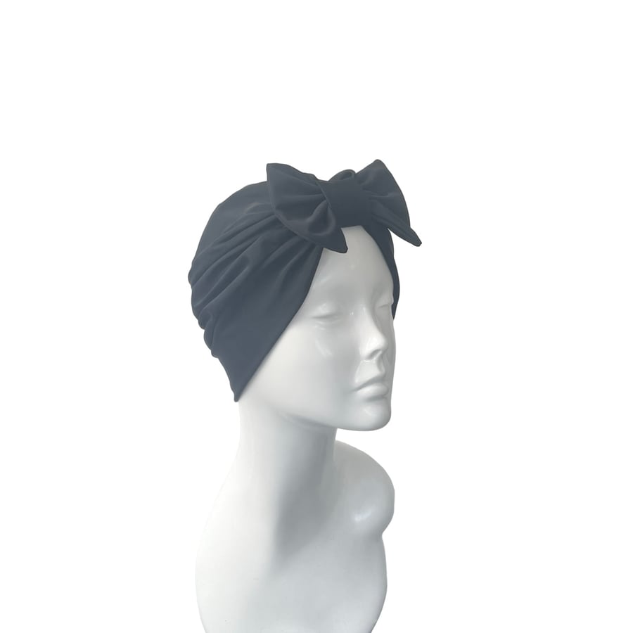 Black Bow Turban Cap Swim Jersey SPF 50 Hair Care Turban Hat for Women
