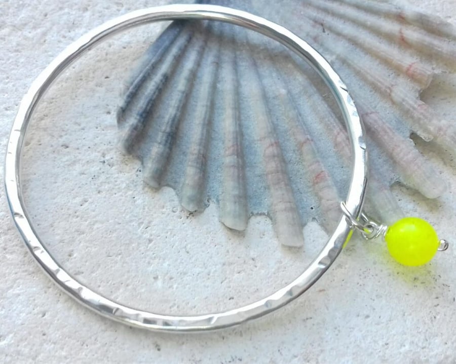Recycled Sterling Silver Bangle with Bright Yellow Jade Dangle Stone