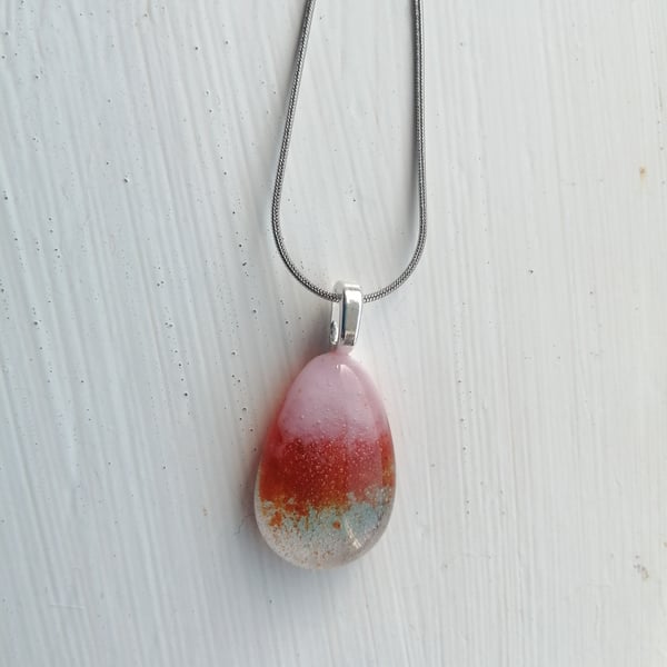 Drop of colour glass necklace Red orange, pink, clear and a touch of blue