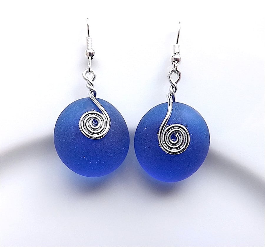 Cobalt blue sea glass dangle earrings, for pierced ears.