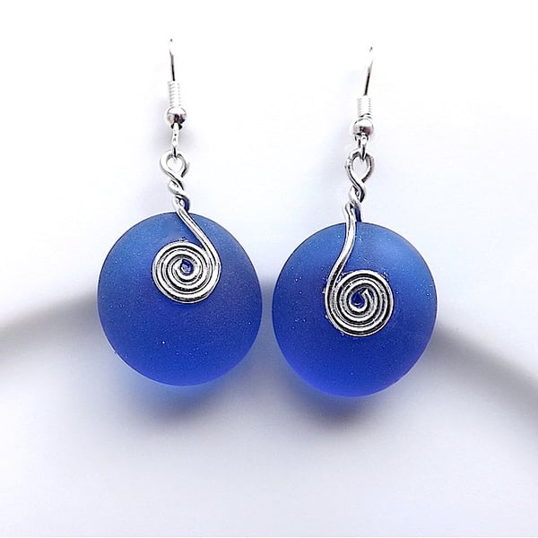 Cobalt blue sea glass dangle earrings, for pierced ears.