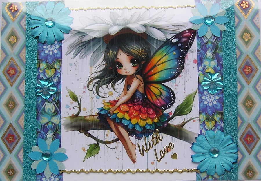 Fairy Rainbow Princess - Hand Crafted Decoupage Greeting Card - With Love 3313
