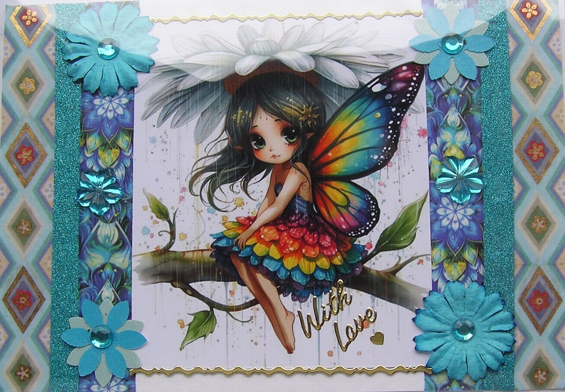 Fairy Rainbow Princess - Hand Crafted Decoupage Greeting Card - With Love 3313