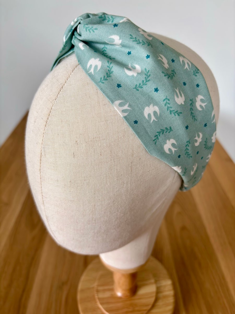 Cotton headband, twist knot style hairband in a pale green and white design