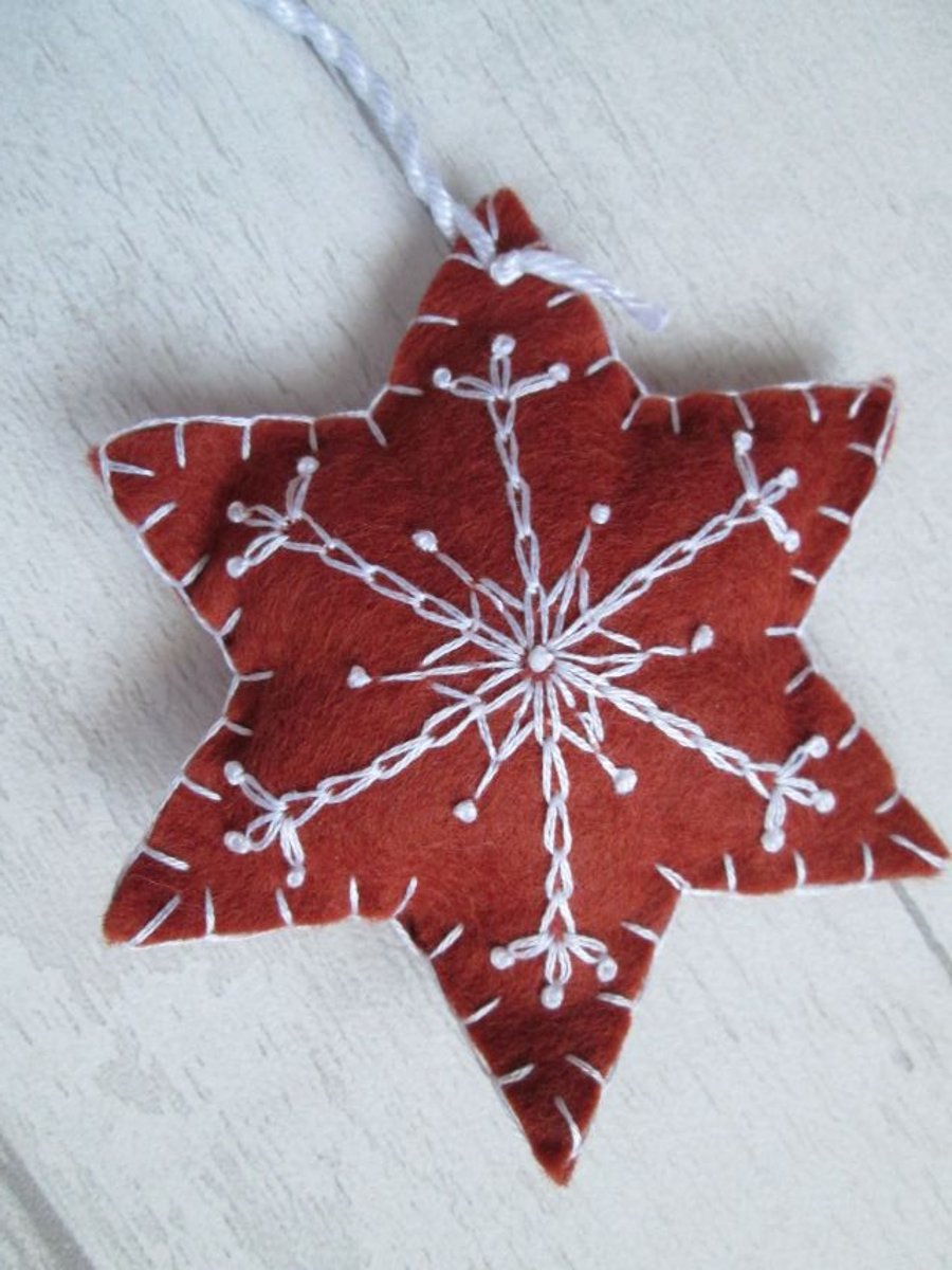 Hand Embroidered Felt 'Gingerbread' Snowflake Tree Decoration - I