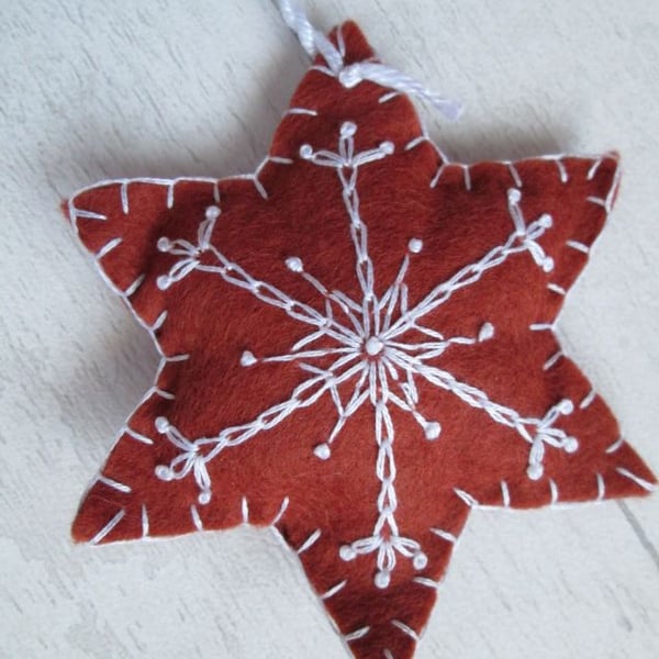 Hand Embroidered Felt 'Gingerbread' Snowflake Tree Decoration - I