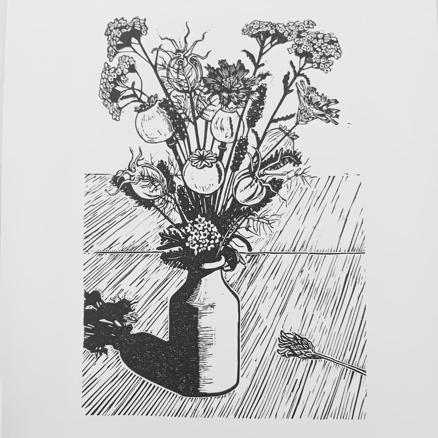 Lino cut Print of Summer Flowers and Seedheads Black