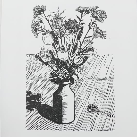 Lino cut Print of Summer Flowers and Seedheads Black