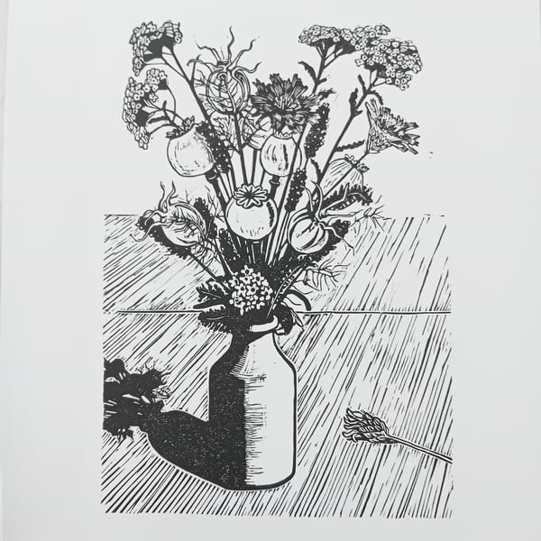Lino cut Print of Summer Flowers and Seedheads Black