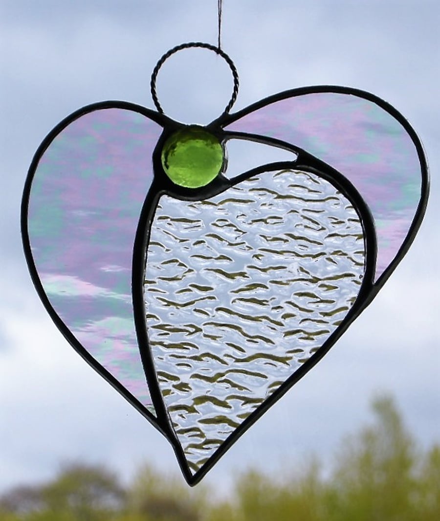 Stained glass suncatcher (Angel Heart) textured and iridescent textured glass