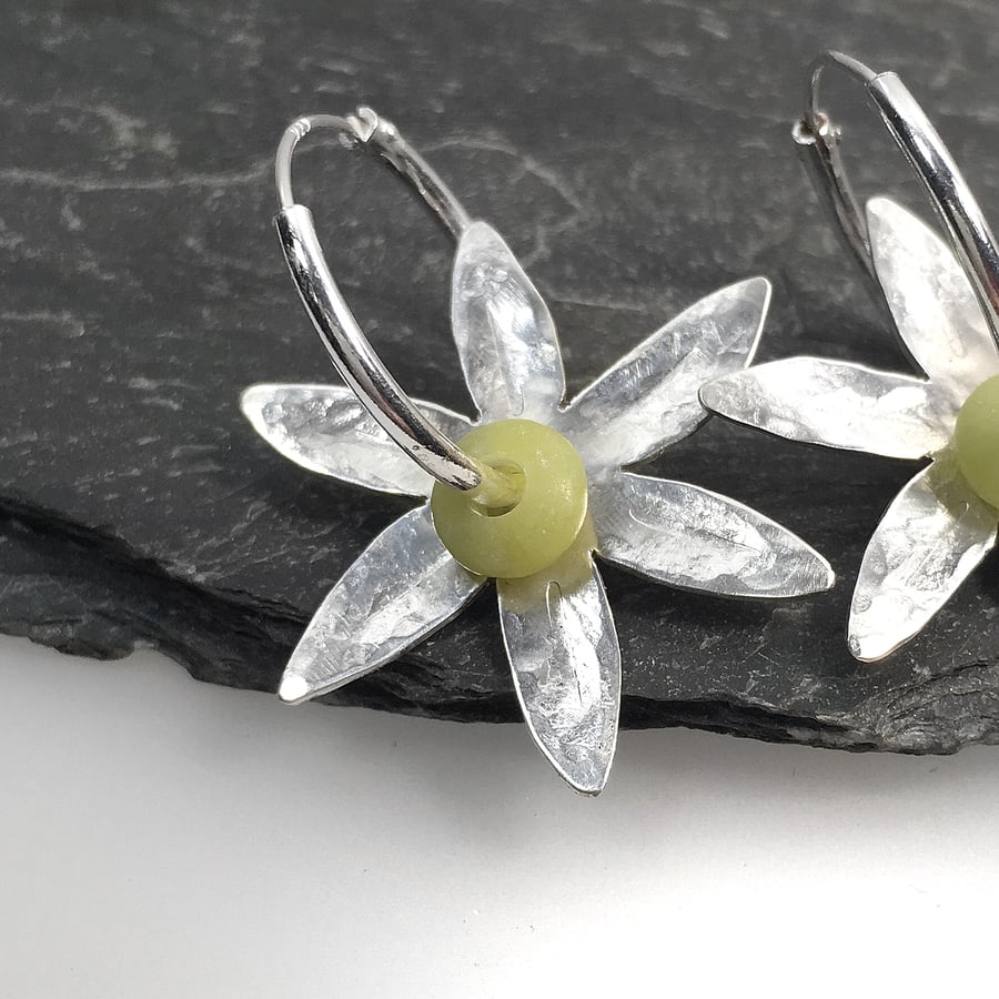 Reserved Sterling silver and lemon jasper Flower hoop earrings
