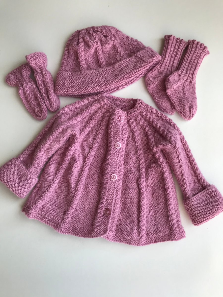 Luxurious alpaca baby jacket, hat, socks and mittens
