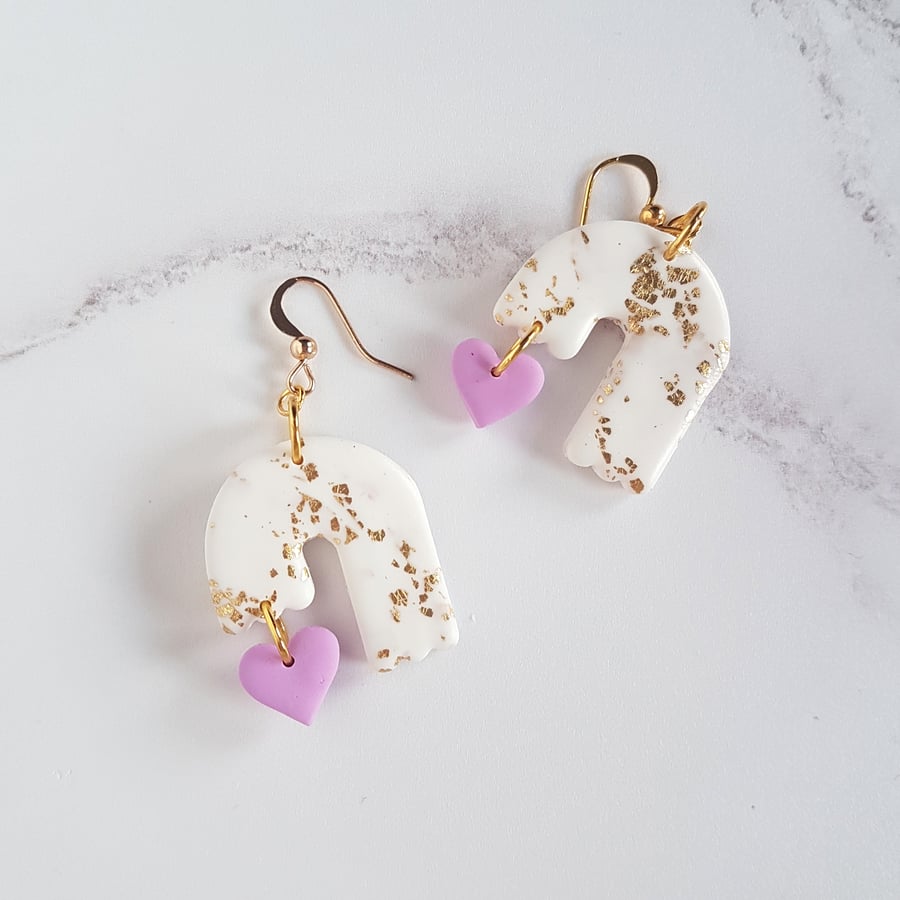 Gold leaf arch earrings with lilac heart ONE PAIR AVAILABLE