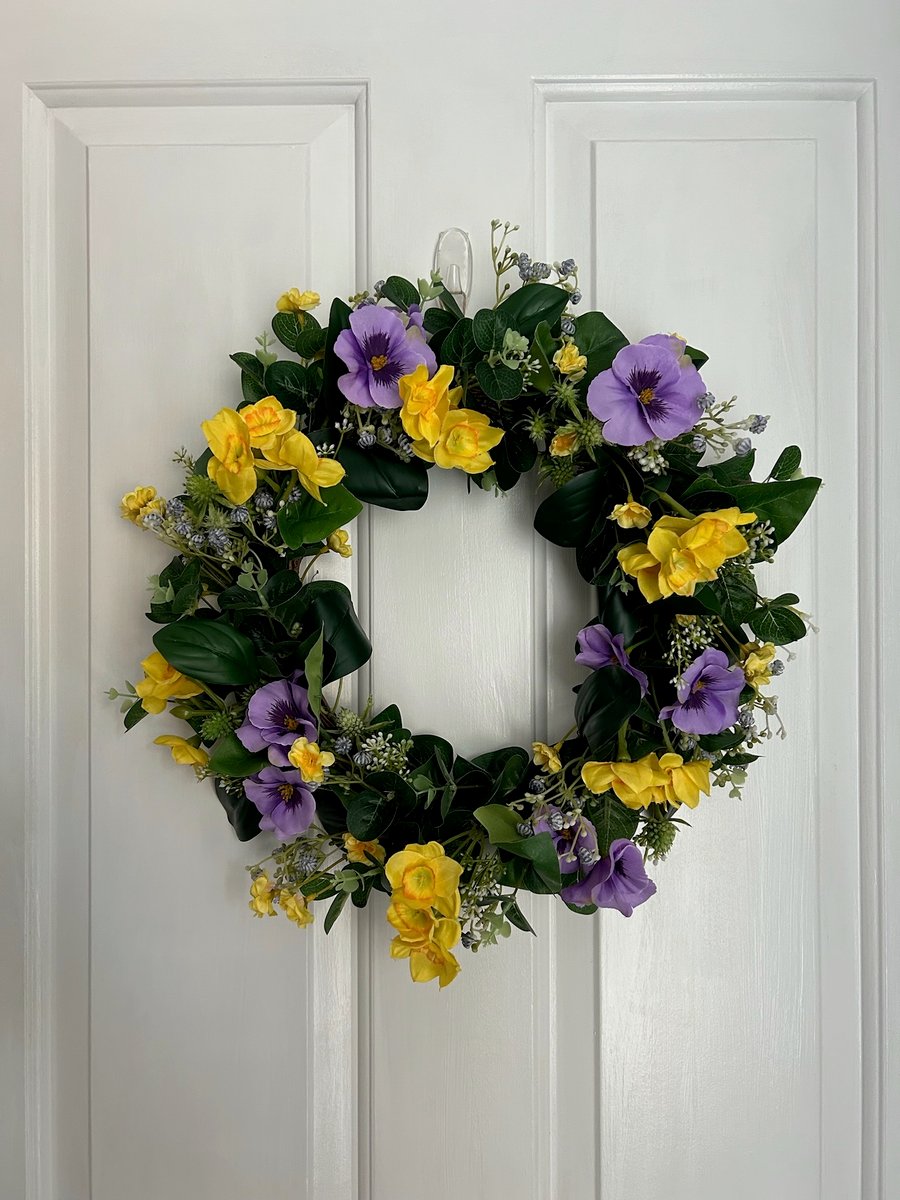 Vibrant Front Door Wreath for Springtime with Eucalyptus, Daffodils and Pansies