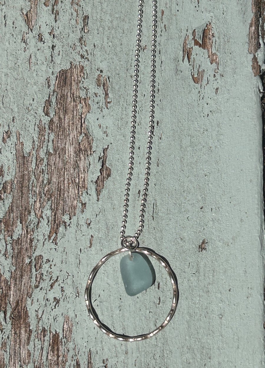 wave eternity necklace blue seaglass pendant 18" curb chain