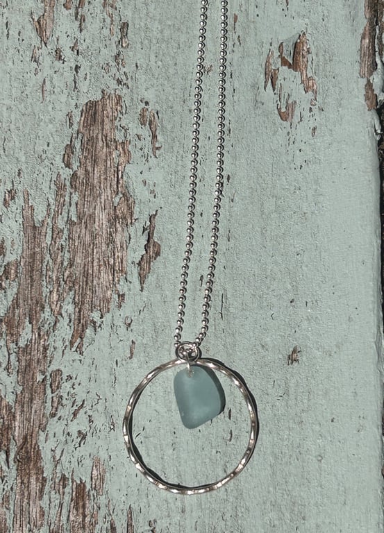 wave eternity necklace blue seaglass pendant 18" curb chain