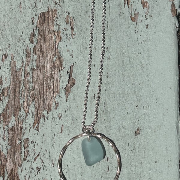 wave eternity necklace blue seaglass pendant 18" curb chain