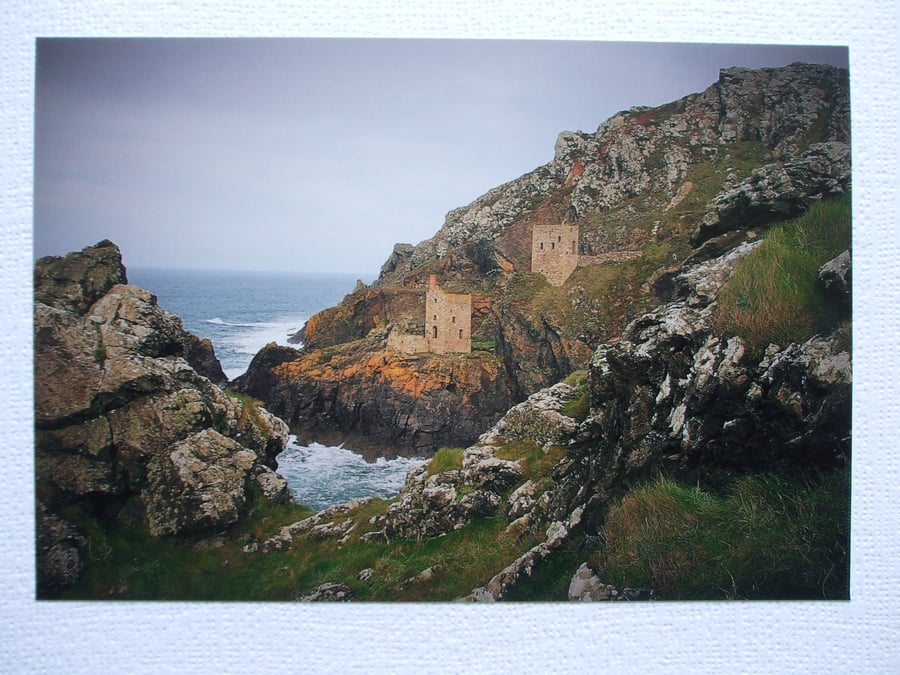 Photographic greetings card of an atmospheric view of Botallack Tin Mine