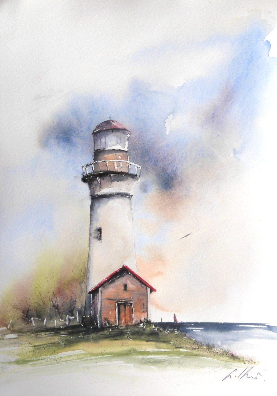 A Lighthouse, Original Watercolour Painting.