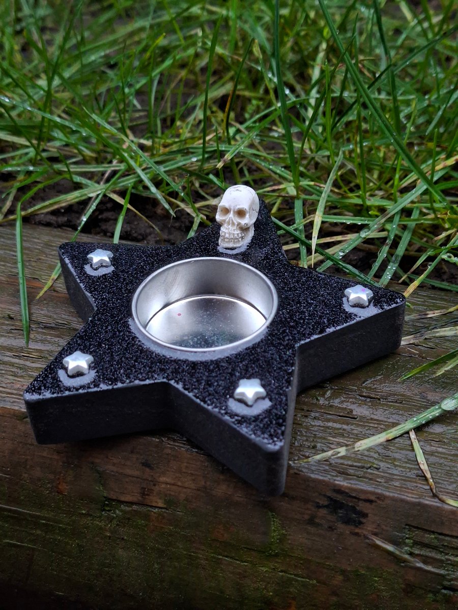 Wooden Tealight Candle Holder alternative spooky cute gothic emo stars skull