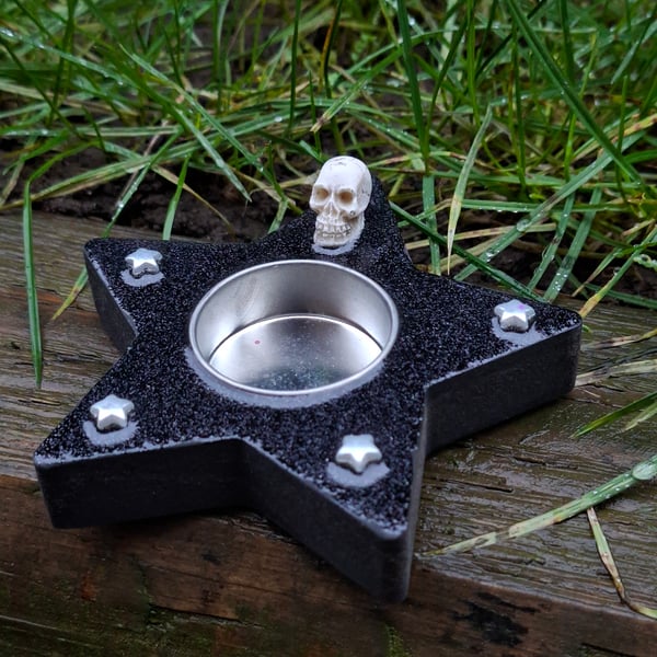 Wooden Tealight Candle Holder alternative spooky cute gothic emo stars skull