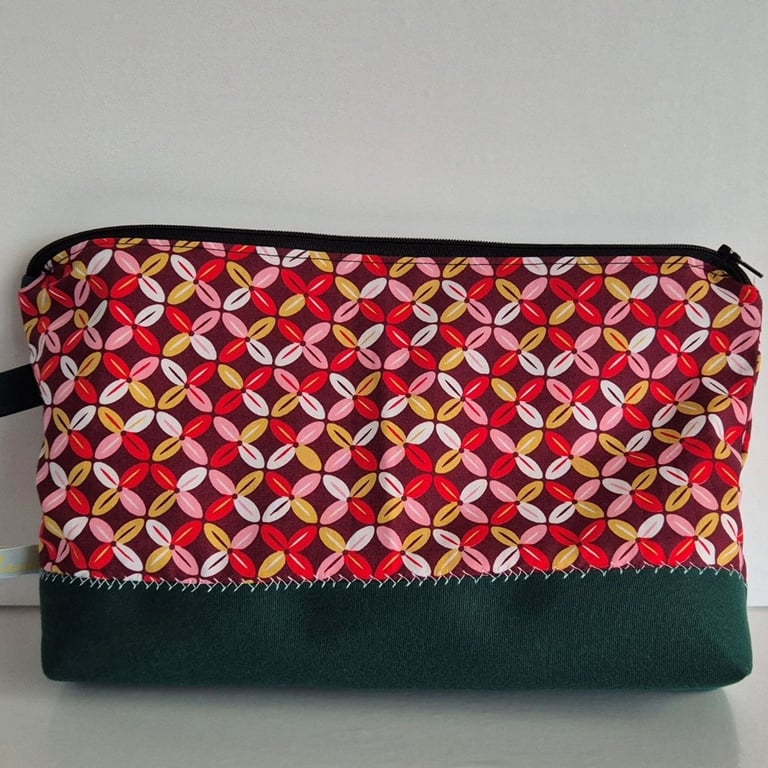 Patterned Cosmetic Bag with green Canvas base - Toiletry Pouch - Big Pencil Case