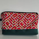 Patterned Cosmetic Bag with green Canvas base - Toiletry Pouch - Big Pencil Case