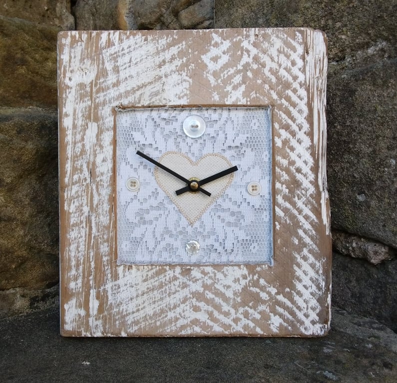 Rustic Shabby Chic Wedding Clock, Vintage Lace Heart Clock
