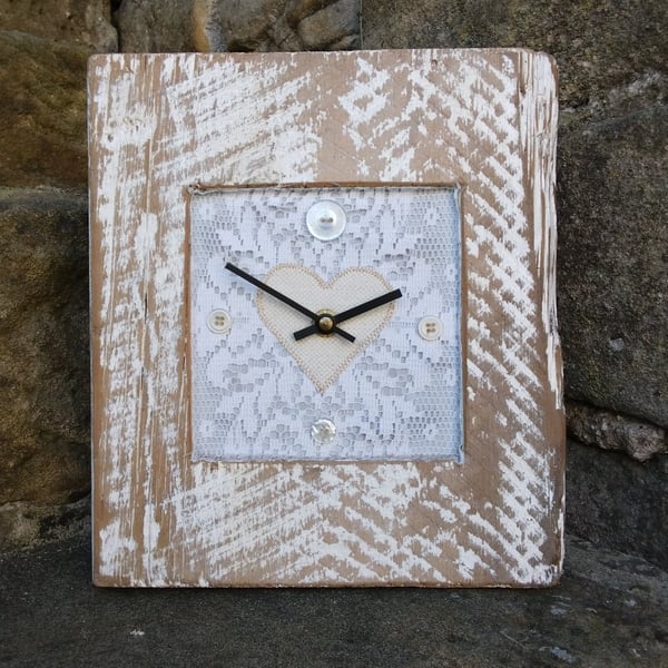 Rustic Shabby Chic Wedding Clock, Vintage Lace Heart Clock