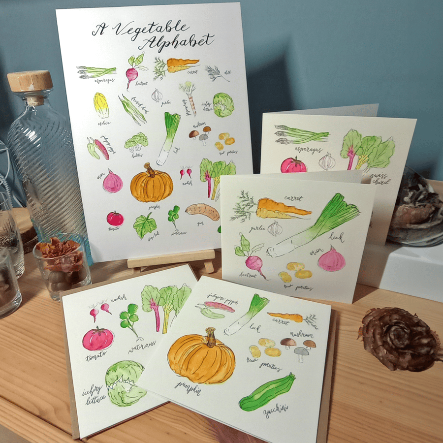 Illustrated Vegetables Eco Gift Set No1: A4 Art Print & x4 Note Cards