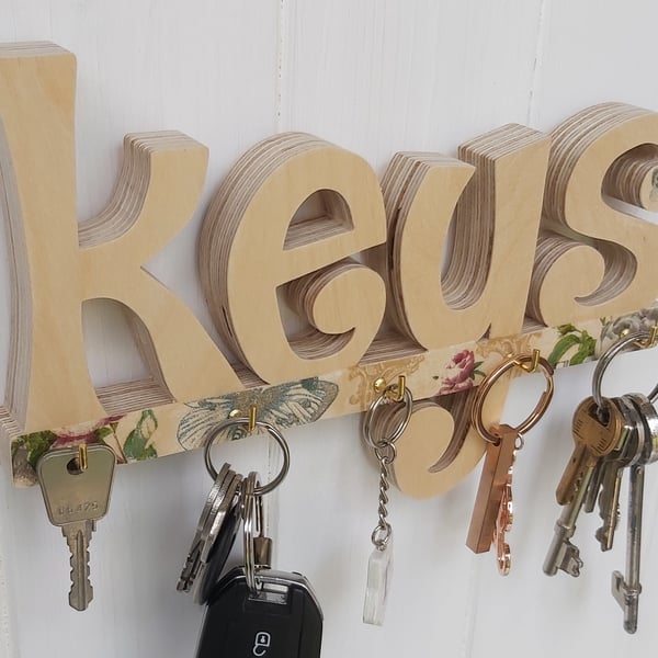 Wooden "Keys" handcrafted key hanger, birch ply decoupage key rack, entryway key