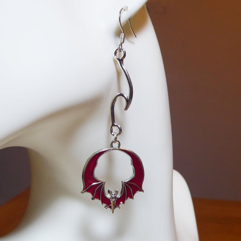 Red and Silver Enamelled Bat & Thorn Earrings with Silver Plated Ear Wires