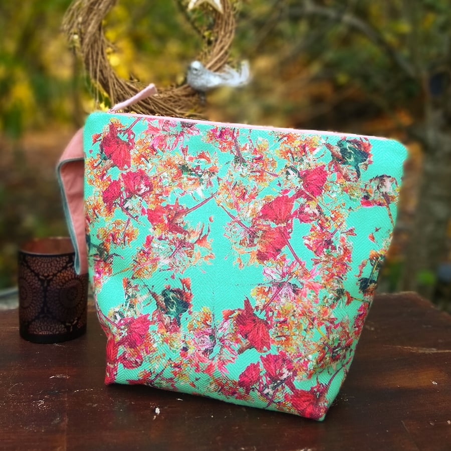 Green floral, herringbone tweed and velvet project bag